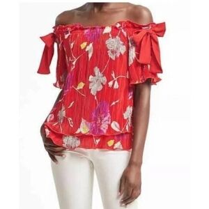 Banana Republic Blouse Red Satin Bow Off-the-Shoulder Floral Stretch Ribbed Sz L